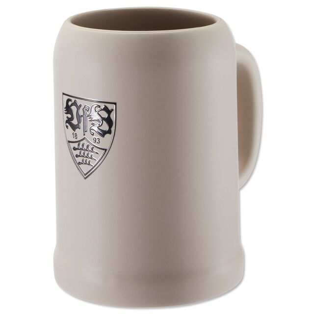 Steinkrug mit schwarzem VfB Wappen 