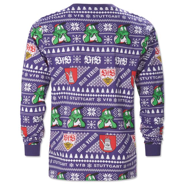 Schlafanzug Oberteil Rückseite mit Kanne, Fritzle, VfB Wappen und Weihnachtsmotiven