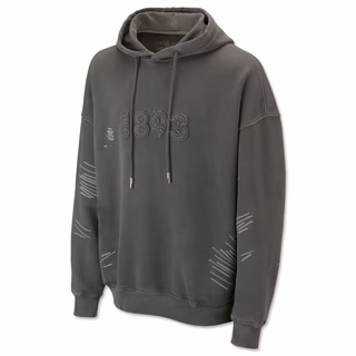 grauer Hoodie mit Bändeln, Aufschrift 1893 auf der Brust und vereinzelten weißen Streifen