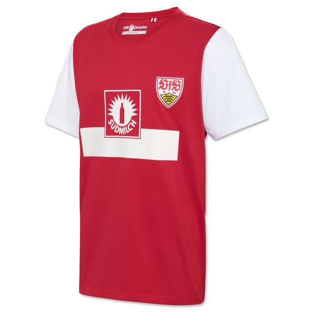 rotes T-Shirt mit weißen Details, Südmilch Logo und VfB Wappen auf der Brust