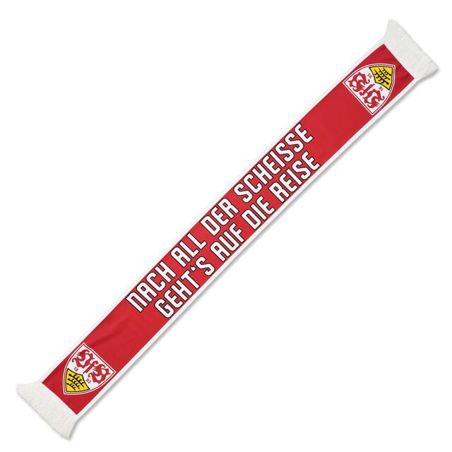weiß-roter Schal mit VfB Wappen an beiden Enden und der Aufschrift Nach all der Scheisse geht's auf die Reise