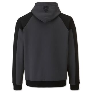 dunkelgraue Rückseite des Hoodies mit schwarzem VfB Wappen auf der Kapuze