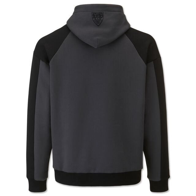 dunkelgraue Rückseite des Hoodies mit schwarzem VfB Wappen auf der Kapuze