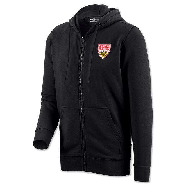 schwarze Sweatjacke mit Reißverschluss und VfB Wappen auf der Brust