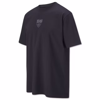 Schwarzes T-Shirt mit grauem VfB Wappen in der Mitte 