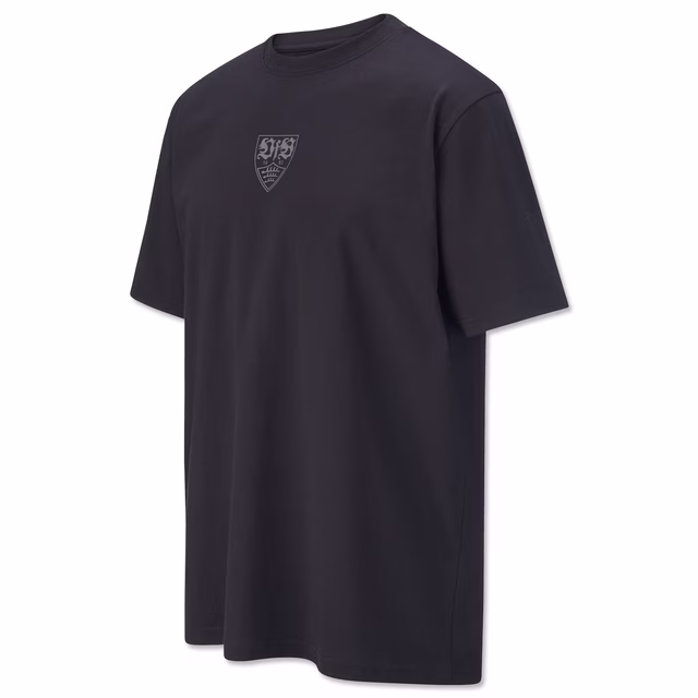 Schwarzes T-Shirt mit grauem VfB Wappen in der Mitte 