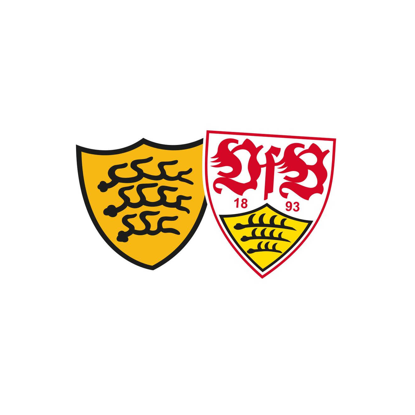 Nebeneinander dargestellt sind das gelbe Wappen von Baden-Württemberg mit drei schwarzen Löwen und das VfB Stuttgart Wappen in Rot, Weiß und Gelb