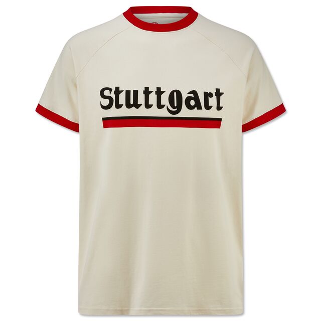 weißes T-Shirt mit Stuttgart Schriftzug und roten Rändern an Ärmeln und Kragen