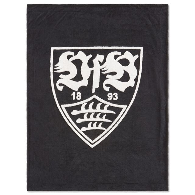 schwarze Kuscheldecke mit großem weißen VfB Wappen