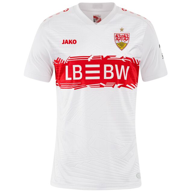 weißes Trikot im Damenschnitt mit Stäffele Muster, VfB Wappen und JAKO Logo auf der Brust sowie dem LBBW Logo im roten Brustring