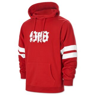 roter Hoodie mit weißem VfB Schriftzug auf der Vorderseite und weißen Streifen an den Ärmeln