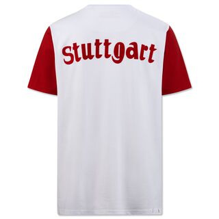 weiße Rückseite des T-Shirts mit Stuttgart Schriftzug und roten Ärmeln