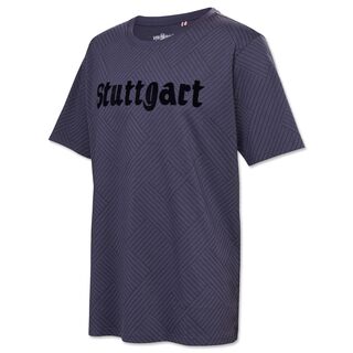 dunkelgraues T-Shirt mit Muster und schwarzem Stuttgart Schriftzug 