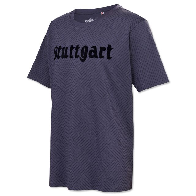 dunkelgraues T-Shirt mit Muster und schwarzem Stuttgart Schriftzug 