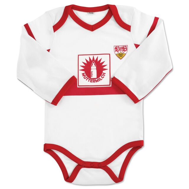langärmeliger weißer Baby Body mit rotem Brustring, Südmilch Wappen mit Aufschrift Muttermilch und VfB Wappen
