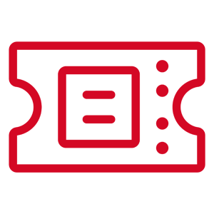 Rotes Symbol eines Eintrittstickets mit abgerundeten Kanten, Linien und Punkten als Details. Dargestellt in klarer Linienform auf transparent kariertem Hintergrund