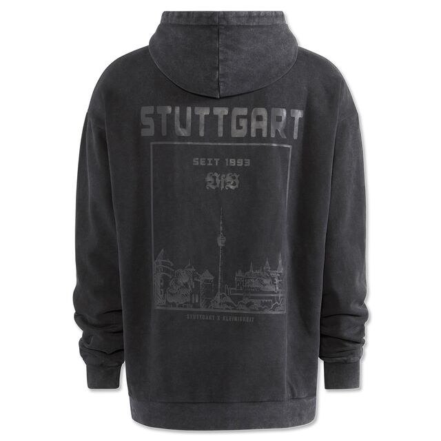 schwarze Rückseite des Hoodies mit Grafik des Stadtbilds von Stuttgart und der Aufschrift Stuttgart