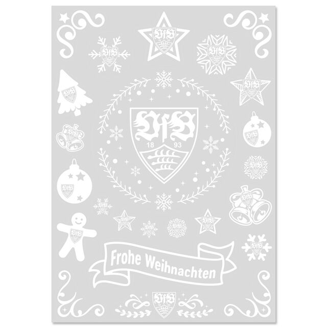 Bogen mit weißen VfB- und Weihnachtsmotiven als Fensteraufkleber