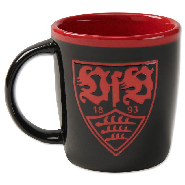 schwarze Tasse mit rotem oberen Rand und VfB Wappen