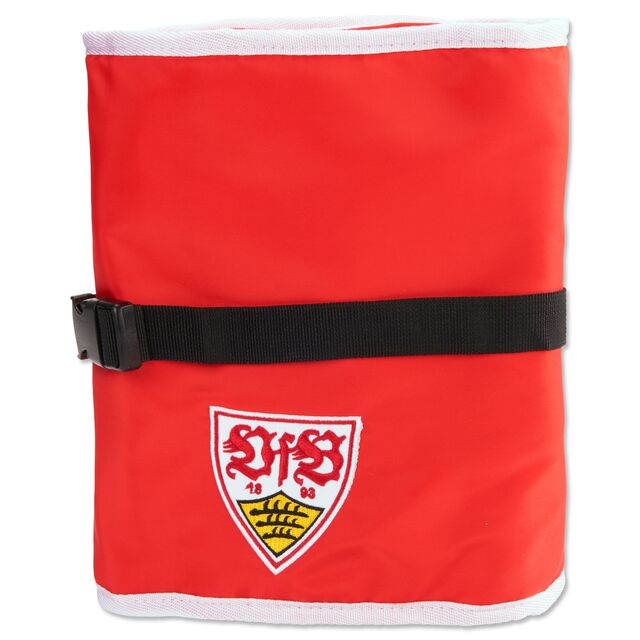 rote Kulturtasche mit VfB Wappen mit weißen Rändern und schwarzem Band zum Verschließen