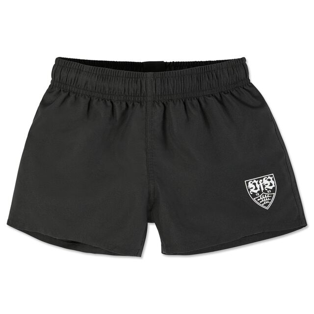 schwarze Badeshorts mit kleinem VfB Wappen auf dem linken Bein