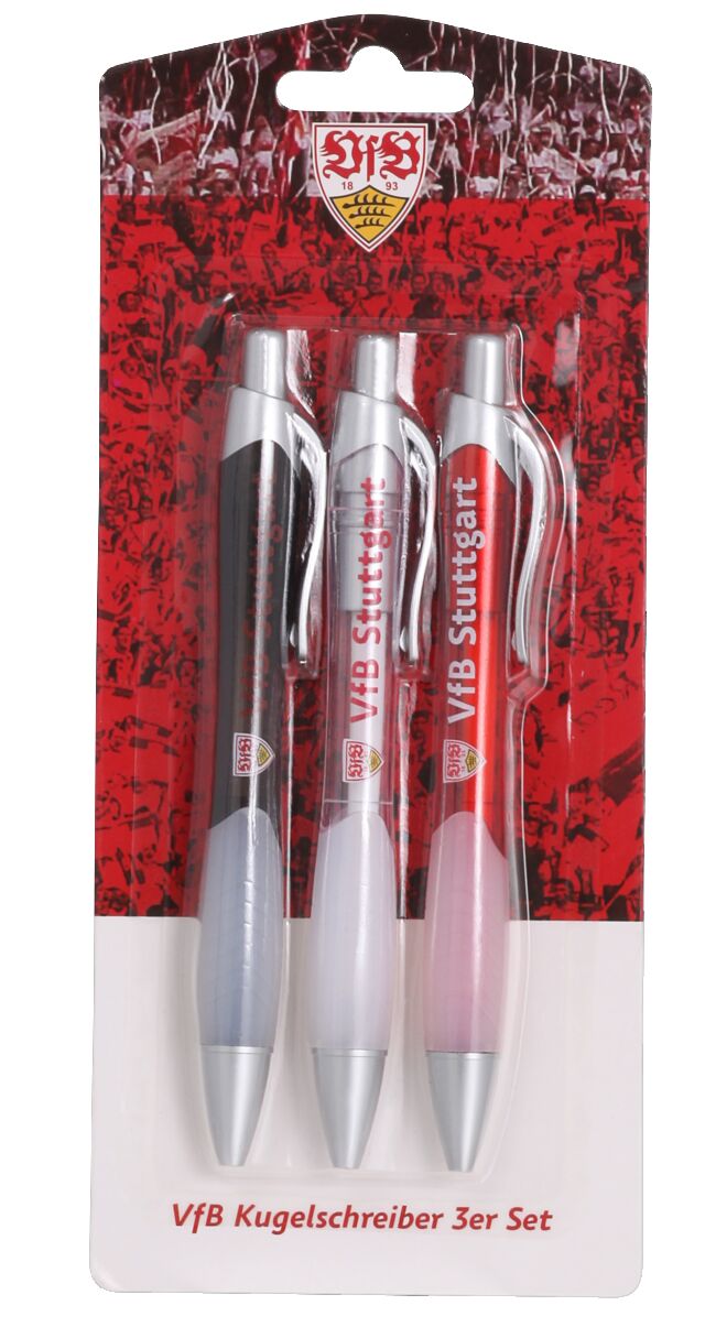 drei Kugelschreiber in den Farben Schwarz, Weiß und Rot mit der Aufschrift VfB Stuttgart
