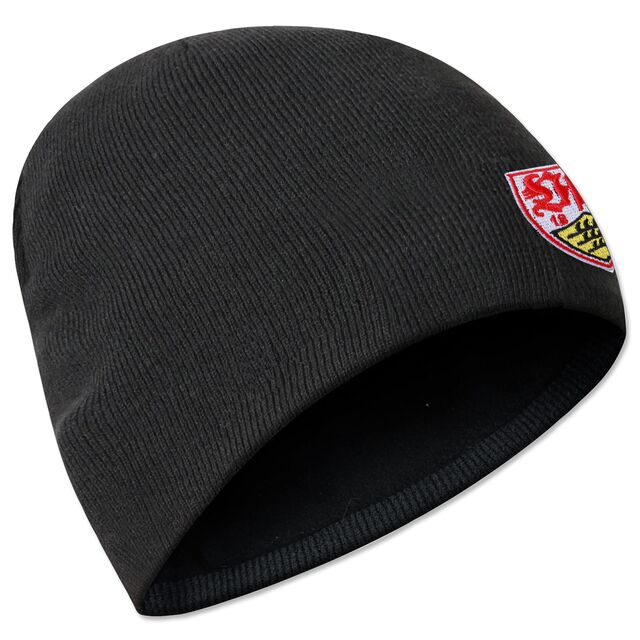 schwarze Strickmütze mit VfB Wappen auf der Vorderseite