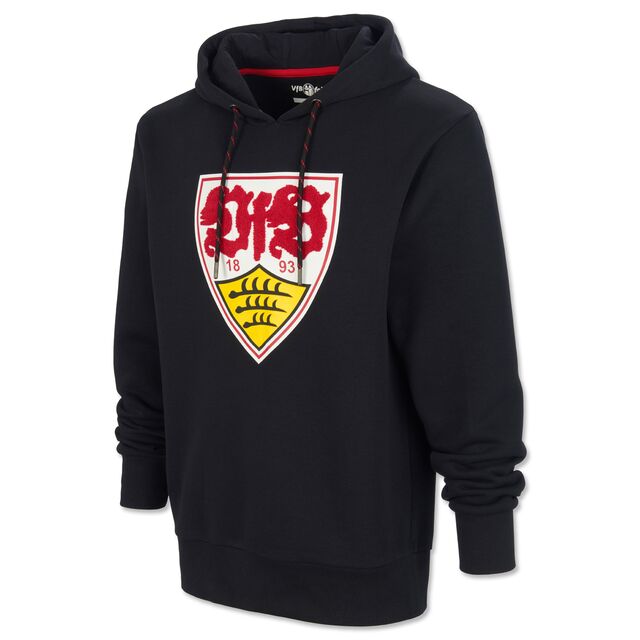 schwarzer Hoodie mit Kordeln und großem VfB Wappen auf der Vorderseite