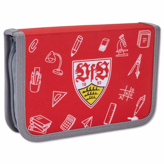 Rotes Mäppchen mit Schulmotiven und Fritzle und VfB Logo 