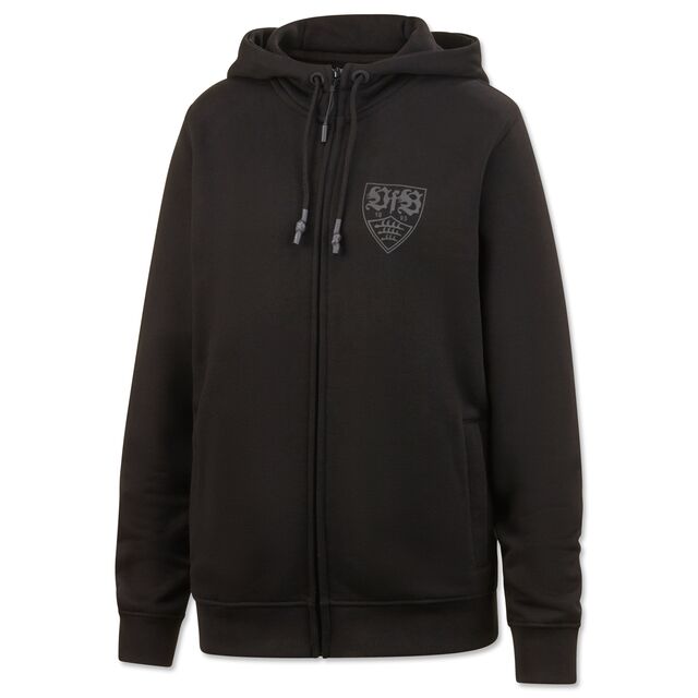 schwarze Jacke mit Bändeln und VfB Wappen auf der Vorderseite