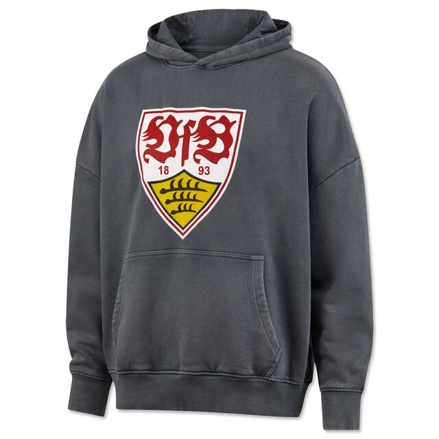 grauer oversized Hoodie mit Kängurutaschen VfB Wappen auf der Vorderseite