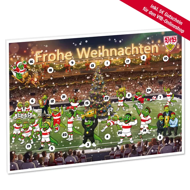 bunter Adventskalender mit vielen verschieden aussehenden Fritzle und der Aufschrift Frohe Weihnachten