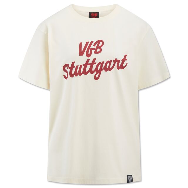 T-Shirt mit Damenschnitt in Offwhite mit roter Aufschrift VfB Stuttgart