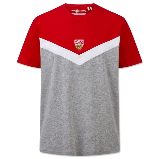 T-Shirt in Grau, Rot und Weiß mit VfB Wappen auf der Brust