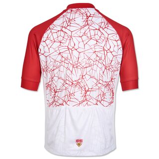 weiße Rückseite des Fahrradtrikots mit rotem Muster und roten Ärmeln und einem kleinen VfB Wappen