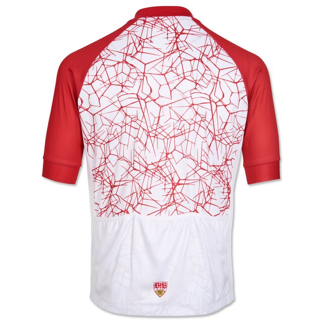 weiße Rückseite des Fahrradtrikots mit rotem Muster und roten Ärmeln und einem kleinen VfB Wappen