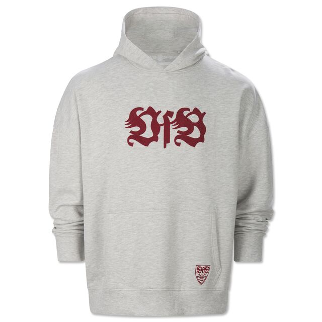 grauer oversized Hoodie mit Kängurutaschen und rotem VfB Schriftzug auf der Vorderseite