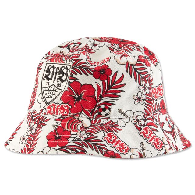 rot-weißer Fischerhut mit Blumenmuster, VfB Schriftzügen, Fußbällen und schwarzem VfB Wappen