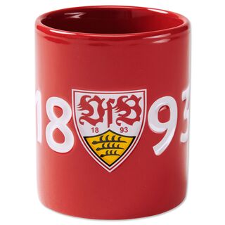 rote Tasse mit der weißen Aufschrift 1893 und dem VfB Wappen
