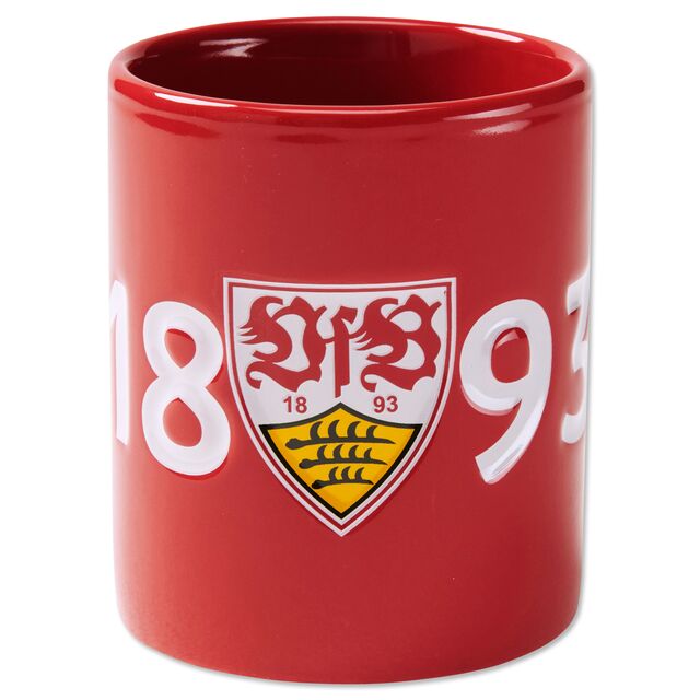 rote Tasse mit der weißen Aufschrift 1893 und dem VfB Wappen