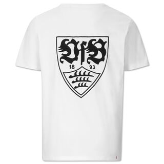 weiße Rückseite des T-Shirts mit großem schwarzen VfB Wappen 