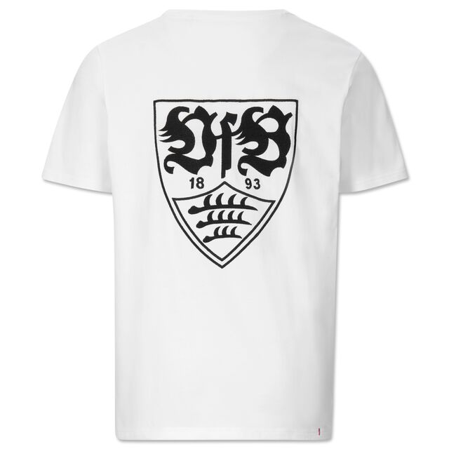 weiße Rückseite des T-Shirts mit großem schwarzen VfB Wappen 