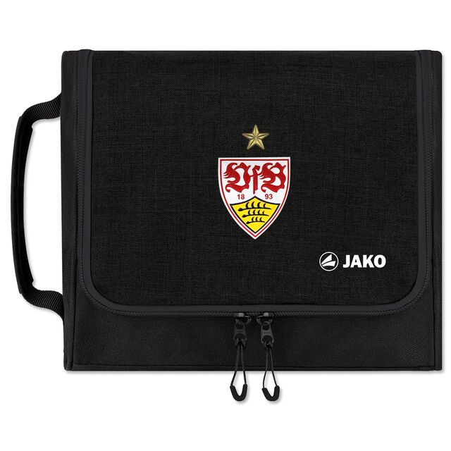 schwarzer Kulturbeutel von JAKO mit VfB Wappen und Meisterstern