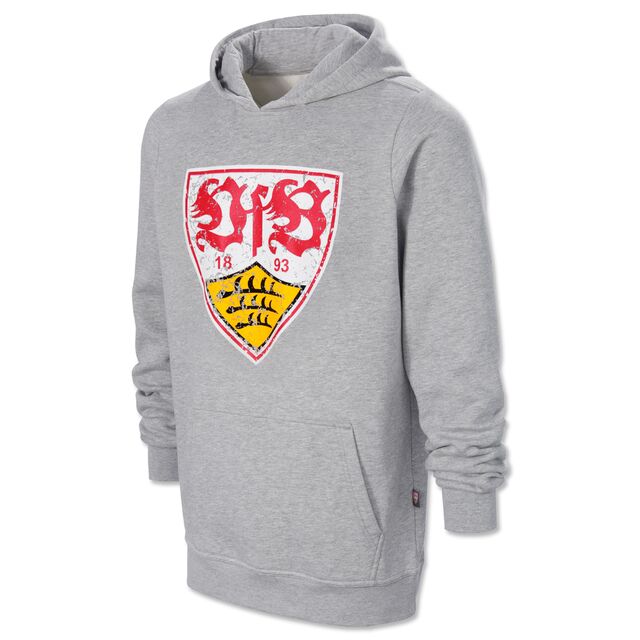 grauer Hoodie mit Kängurutaschen und mit großem VfB Wappen im Used Look
