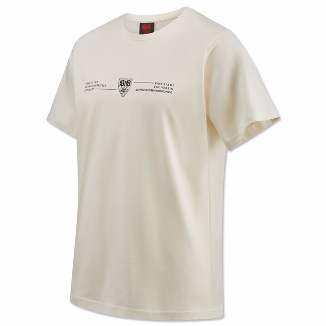 T-Shirt in Offwhite mit VfB Wappen und kleiner Aufschrift Verein für Bewegungsspiele Stuttgart, Eine Stadt Ein Verein Achtzehnhundertdreiundneunzig