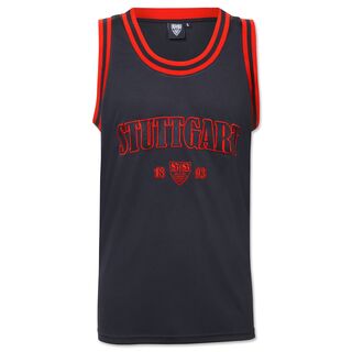 schwarzes Tanktop mit rotem Kragen, Stuttgart Schriftzug auf dem Bauch und VfB Wappen