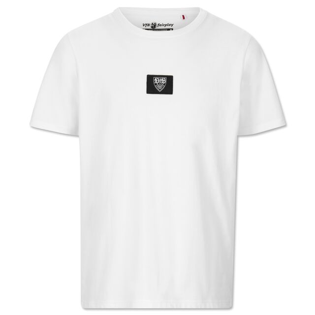 weißes T-Shirt mit kleinem VfB Wappen auf schwarzem Hintergrund in der Mitte 